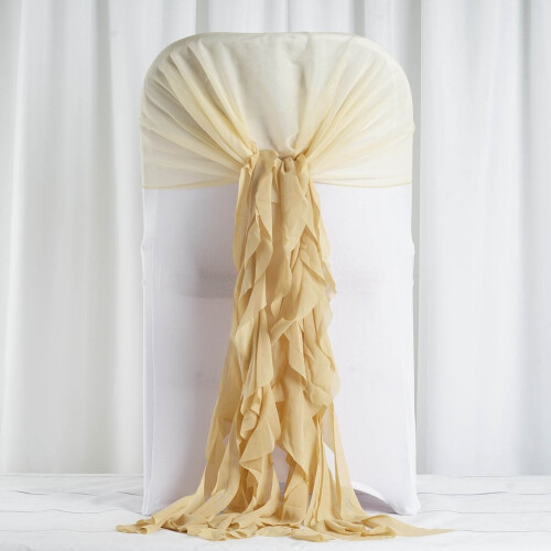 Capa de cadeira em chiffon champanhe com faixas encaracoladas 2
