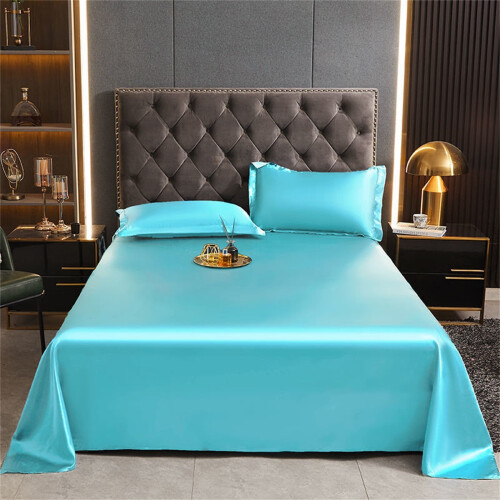 Twin Satin Bed Sheet 3-delars Quiet Blue Ice Silk 1