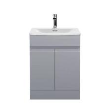 (Round BTW Toilet) Handleless Bathroom High Gloss Light Grey Floor Standing Vanity Unit with Sink Cabinet, Basin, Storage Furniture, Door Toilet