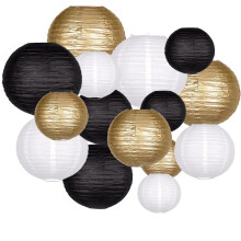 Conjunto de 16 lanternas de papel redondas – Preto, Dourado e Branco