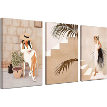 Conjunto de 3 quadros de parede em tela estilo boho bege, 30x40cm.
