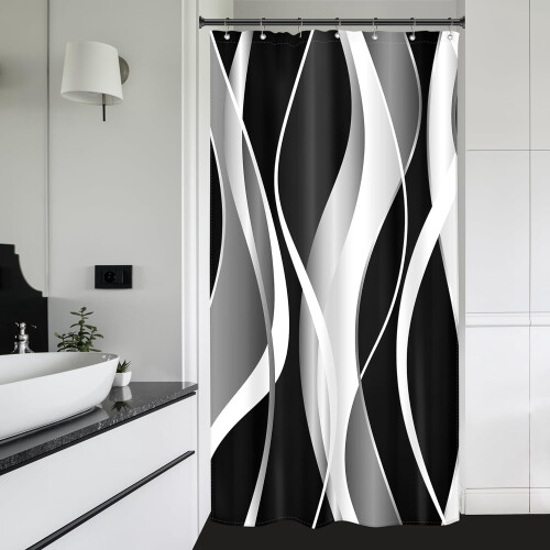 Cortina de chuveiro listrada em preto e branco, 91 x 183 cm (36 x 72 polegadas) 1