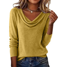 Womens Pile Neck Sweater Soft Knit Long Sleeve-Yellow M