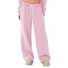 Women's fleece-lined wide-leg warm sports pants, loose-Pink S