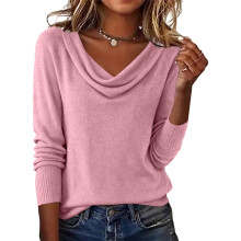 Womens Pile Neck Sweater Soft Knit Long Sleeve Pullover-Pink XL