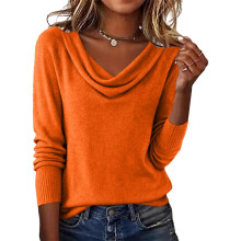 Womens Pile Neck Sweater Soft Knit Long Sleeve-Orange L