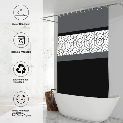 Cortina de chuveiro geométrica moderna com degradê preto e cinza de 183 x 213 cm (72 x 84 polegadas) 1