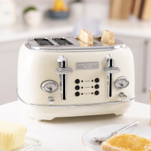 Charles Bentley 4 Slice Toaster Stainless Steel Browning Control Dial with 6 Levels Cream & Chrome Crumb Tray Cancel Defrost Reheat Settings