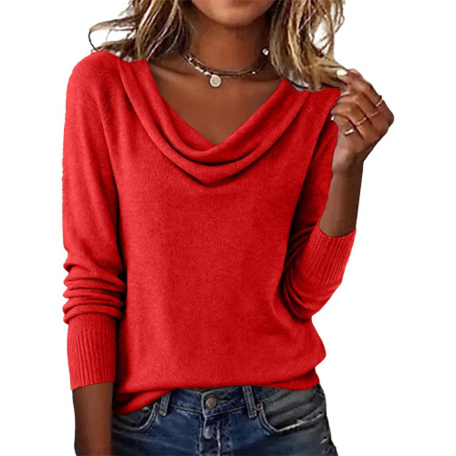Womens Pile Neck Sweater Soft Knit Long Sleeve Pullover-Red S