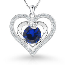 ([September] Deep Blue Diamond, White Gold) Classic Elegant Women's New S925 Sterling Silver Heart Necklace, 12 Birthstone Pendant Choker