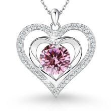([October] Pink Diamond, White Gold) Classic Elegant Women's New S925 Sterling Silver Heart Necklace, 12 Birthstone Pendant Choker