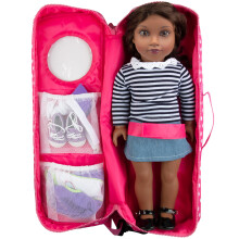 Sac de rangement pour poupée - (Pois roses) pour poupées de 18" - Organisateur de voyage avec fenêtre transparente, fermeture éclair