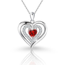 (【January】 Red Diamond, White gold) Classic Elegant Women's New S925 Sterling Silver Double Layer Necklace, 12 Birthstone Versatile Pendant