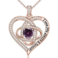 (February【Purple Diamond】, White gold) Classic Elegant Women's New S925 Sterling Silver Eternal Heart Clover Necklace, Luxury Full CZ Pendant