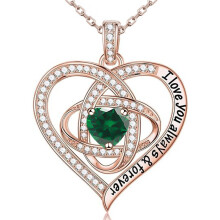 (May【Green Diamond】, Rose gold) Classic Elegant Women's New S925 Sterling Silver Eternal Heart Clover Necklace, Luxury Full CZ Pendant