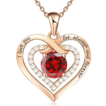 (January【Red Diamond】, Rose gold) Classic Elegant Women's New S925 Sterling Silver Double Heart Eternal Necklace, 12 Birthstone Versatile Pendant