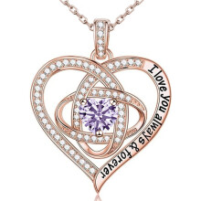 (June【Light Purple Diamond】, Rose gold) Classic Elegant Women's New S925 Sterling Silver Eternal Heart Clover Necklace, Luxury Full CZ Pendant
