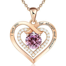 (October [Pink Diamond], White gold) Classic Elegant Women's New S925 Sterling Silver Double Heart Eternal Necklace, 12 Birthstone Versatile Pendant