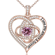 (October [Pink Diamond], Rose gold) Classic Elegant Women's New S925 Sterling Silver Eternal Heart Clover Necklace, Luxury Full CZ Pendant