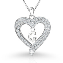 (G, White gold) Classic Elegant Women's New S925 Sterling Silver CZ Heart Initial Necklace, Fashion Love Letter Pendant
