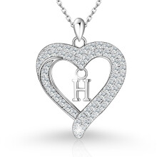 (H, White gold) Classic Elegant Women's New S925 Sterling Silver CZ Heart Initial Necklace, Fashion Love Letter Pendant