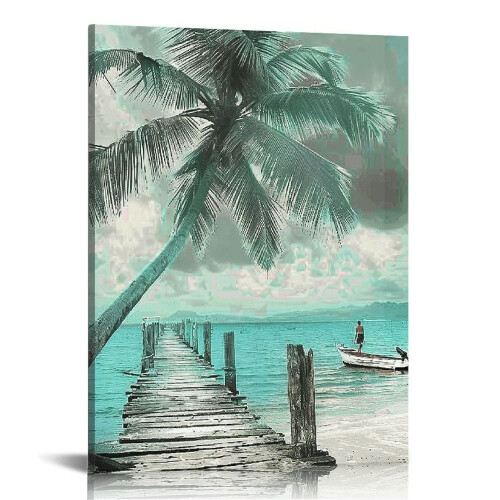 Teal Canvas Wall Art Ocean Lighthouse Palm Tree Surfboard