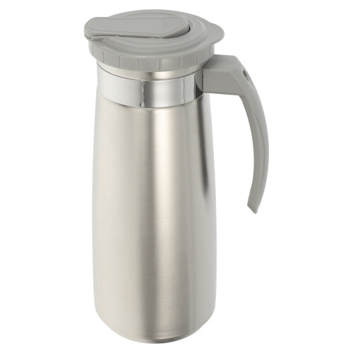 Jarra de acero inoxidable gris con tapa antiderrame.