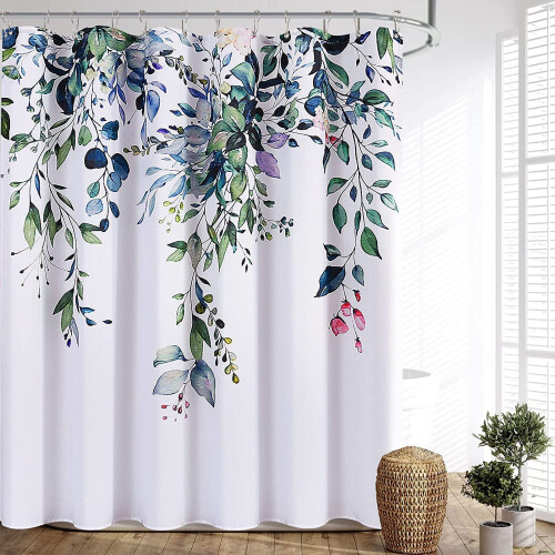 Cortina de chuveiro de linho com estampa de folhas, 183 x 213 cm (72 x 84 polegadas). 2