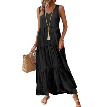 Women Casual Sleeveless V-neck Flowy Tiered Maxi Long-Black L