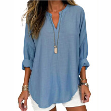 Women Casual Linen Blouses V Neck Long Sleeve Pullover-Blue 4XL