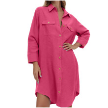 Women Long Sleeves Swimsuit Coverup Top Button Down-rose red M