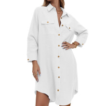 Women Long Sleeves Swimsuit Coverup Top Button Down-White M