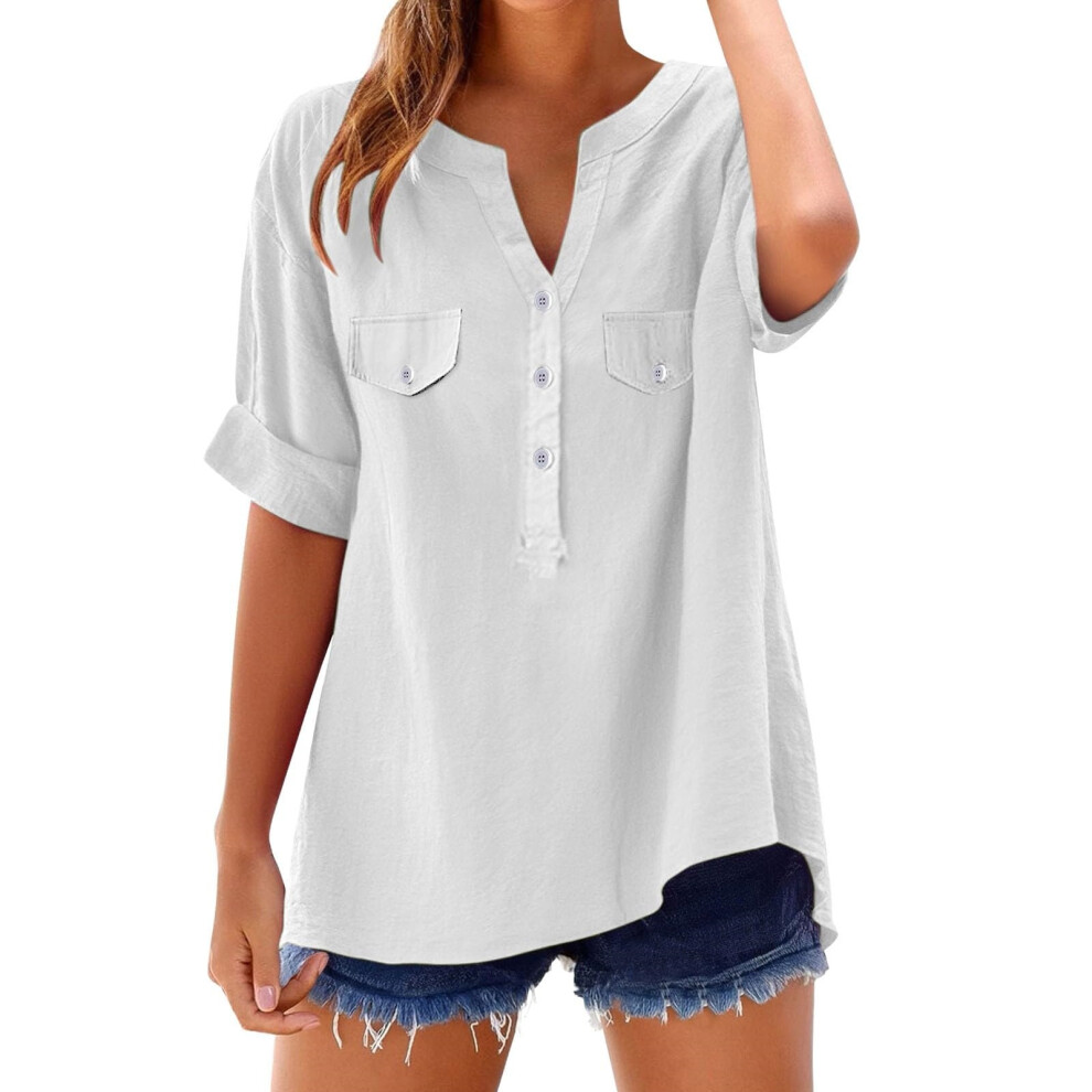 White Women's Button-Down Linen Clothing, Comfortable And- M