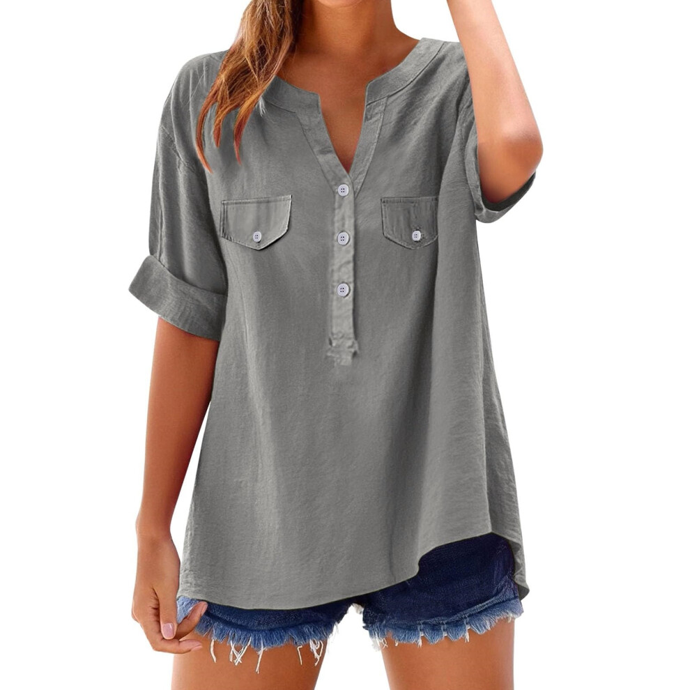 Gray Women's Button-Down Linen Clothing, Comfortable And- Xl