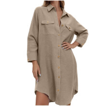 Women Long Sleeves Swimsuit Coverup Top Button Down-Khaki L