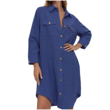 Women Long Sleeves Swimsuit Coverup Top Button Down-dark blue L