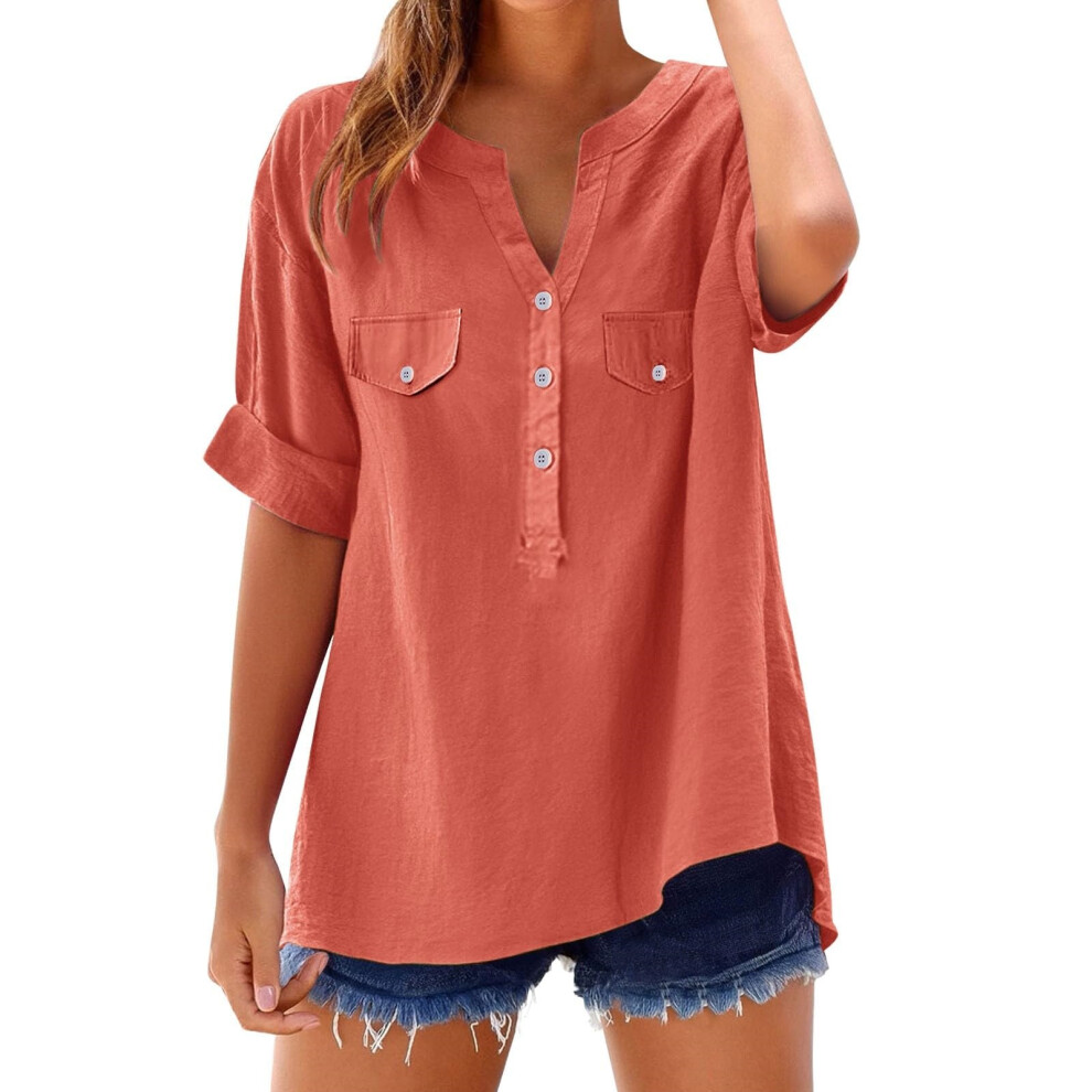 Orange Women's Button-Down Linen Clothing, Comfortable And- L