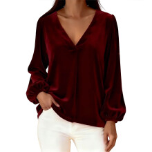 Women's velvet V-neck loose-fitting shirt-Dark Red L