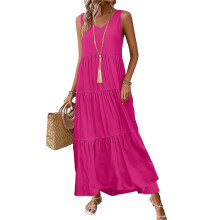Women Casual Sleeveless V-neck Flowy Tiered Maxi-Fuchsia S
