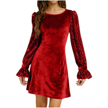 Women's Dress Long Sleeves Bodycon Dress Ruched Puff-Red XL