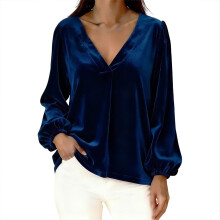 Women's velvet V-neck loose-fitting shirt long-sleeved-Blue S