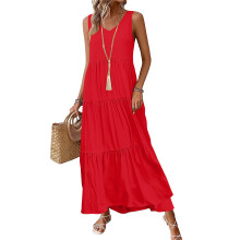 Women Casual Sleeveless V-neck Flowy Tiered Maxi Long-Red L