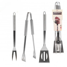 BBQ Tool Set 3 Piece Stainless Steel and Wood Grill Accessories for Turning Lifting and Handling Food