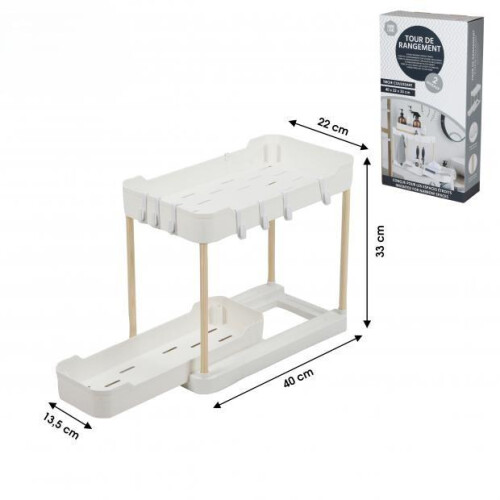 Two Tier Sliding Storage Rack White Plastic Pull Out Organiser for Kitchen Cupboards Under Sink and Bathroom Storage