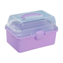 Caja de almacenamiento transparente con 3 compartimentos de nivel, color violeta.