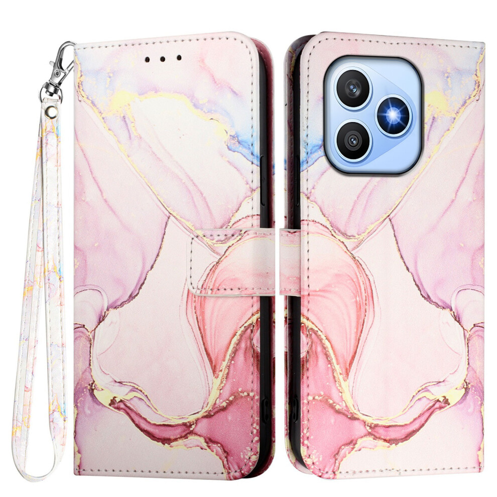 (Rose Ls005) Phone Cover For Honor X8d 4G Case With Strap Marble Pattern Leather Phone Cover Card Holder Gold 6914297749846