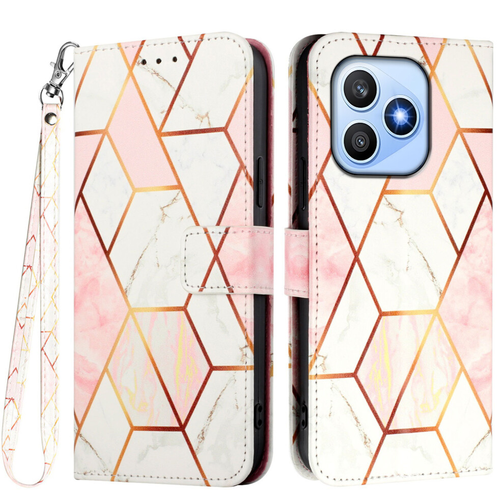 (Pink / White Ls002) Phone Cover For Honor X8d 4G Case With Strap Marble Pattern Leather Phone Cover Card Holder Pink,White 6914296770957