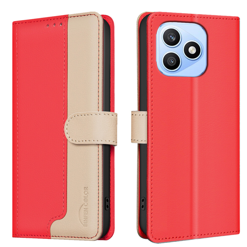 (Red) Phone Cover For Honor X8d 4G Leather Case Splicing Color Rfid Blocking Wallet Stand Phone Cover Red 6914295867696