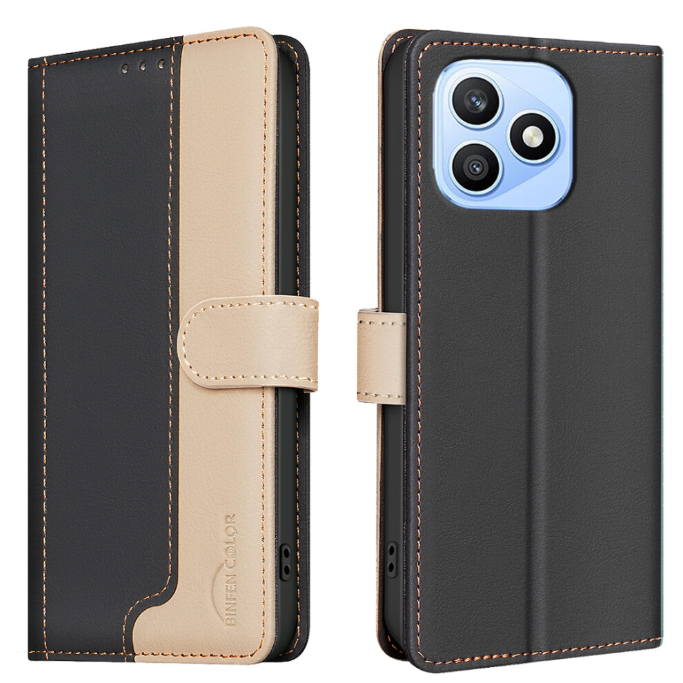 (Black) Phone Cover For Honor X8d 4G Leather Case Splicing Color Rfid Blocking Wallet Stand Phone Cover Black 6914291163174