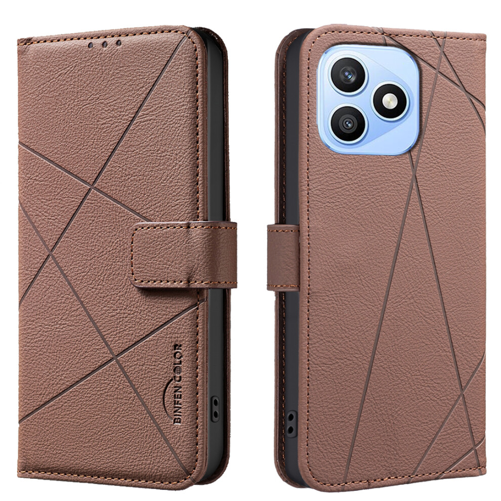 (Brown) Phone Cover For Honor X8d 4G Case Bf35 Geometry Imprinted Leather Phone Cover Rfid Blocking Wallet Brown 6914292252266